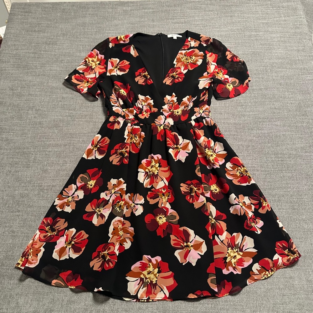 Madewell Floral Mini Dress Womens 2 Black Red  V-Neck Flutter Sleeve